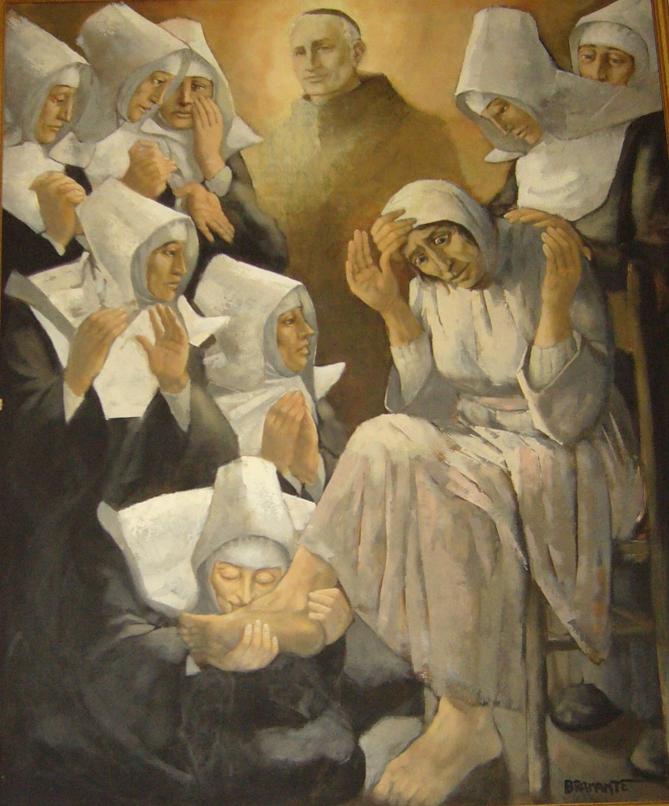 Pintura que representa a San Benito Menni y a las primeras ocho Hermanas Hospitalarias atendiendo a una mujer con enfermedad mental.