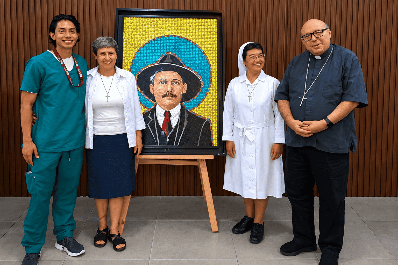 imagen de monjas y responsables con un cuadro mosaico